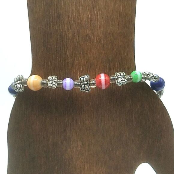 Colorful Rainbow Glass Beaded Toggle Bracelet-Anklet w Silver-tone Butterflies - Picture 8 of 15